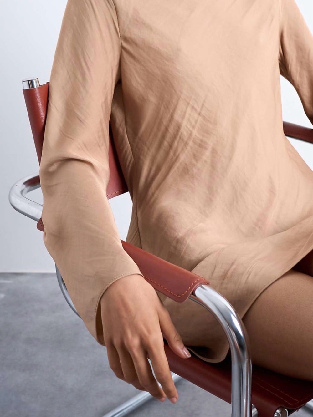 Topshop Long-Sleeve Mini Dress in Nude Beige